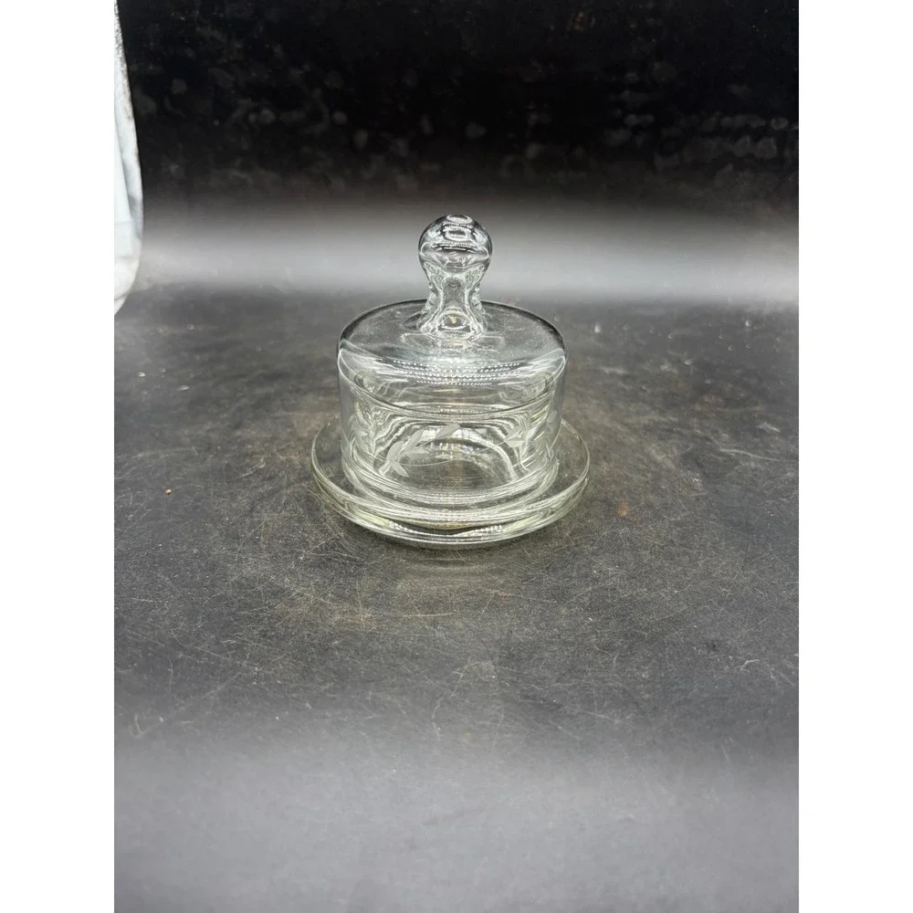 Vintage Etched Glass Round Butter Dish with Lid and Underplate Clear Laurel Leaf